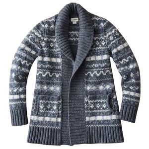 LL Bean Womens Gray Fair Isle Lambswool Shawl Collar Open Cardigan Sweater S